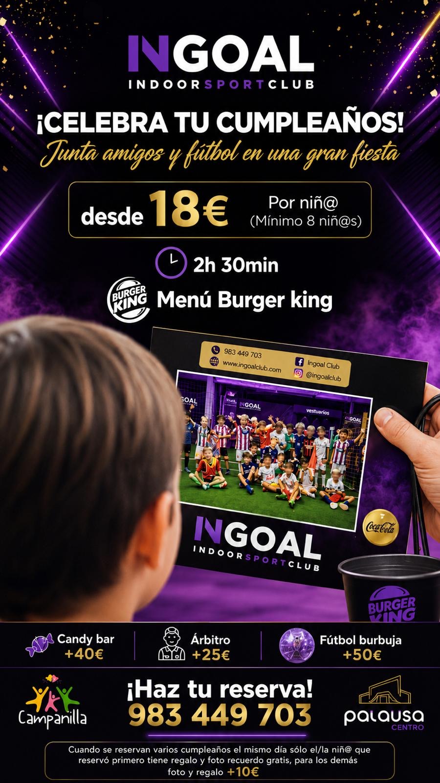 Cartel de cumpleaños de INGOAL, con una fotografía de una celebración infantil